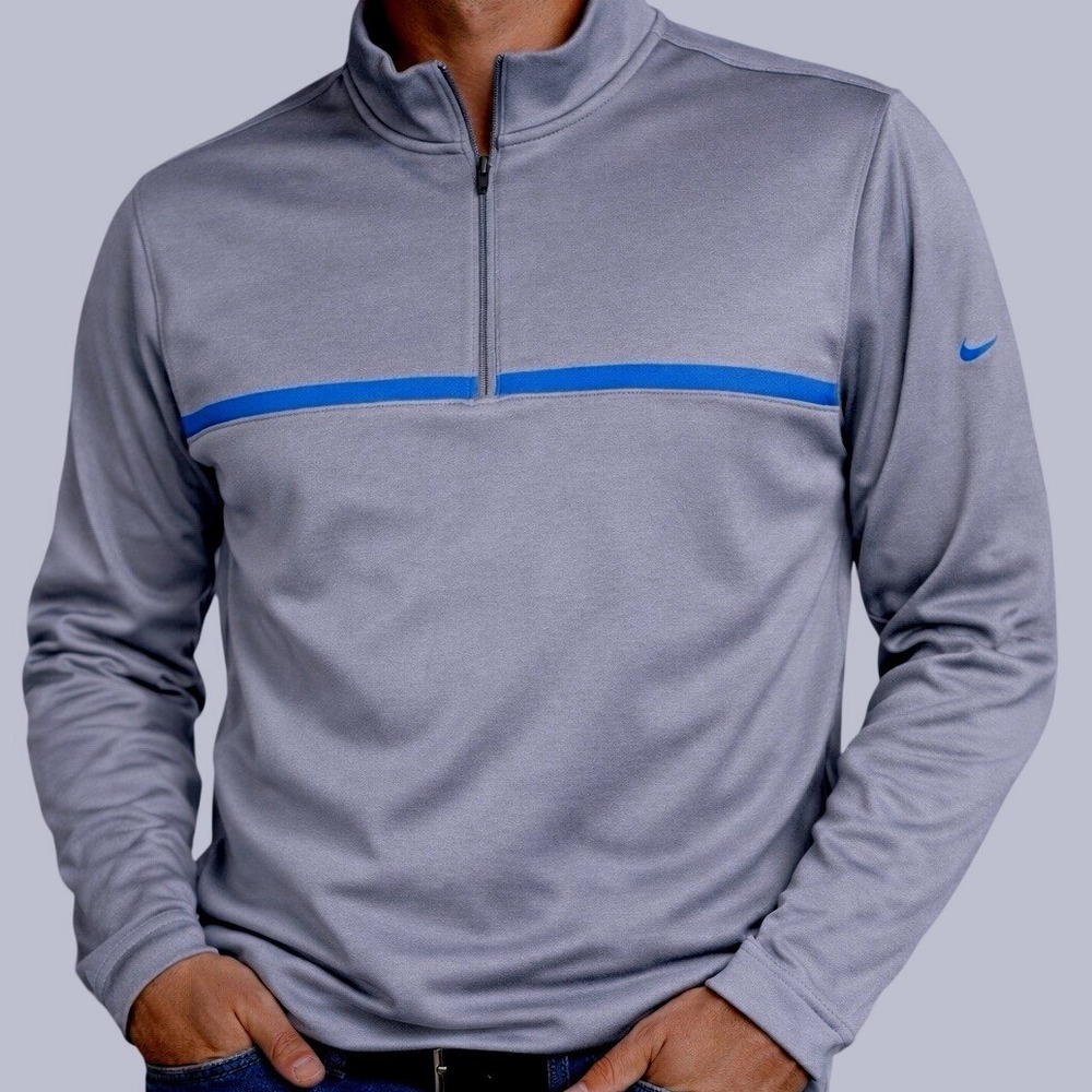 Nike Golf Tour Performance Therma-FIT Mens 2XL Gray Blue Stripe 1/4 Zip Pullover